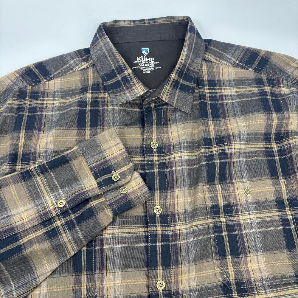 Kuhl Mens 2XL Brown Blue Plaid Long Sleeve Button Up Flannel Shirt